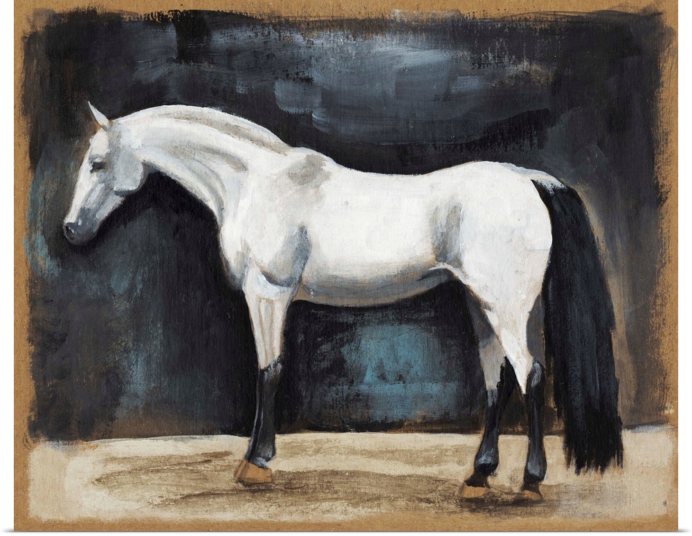 Contemporary painting of a white horse against a dark background.