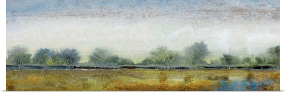 Contemporary landscape painting of an open field with trees along the edge.