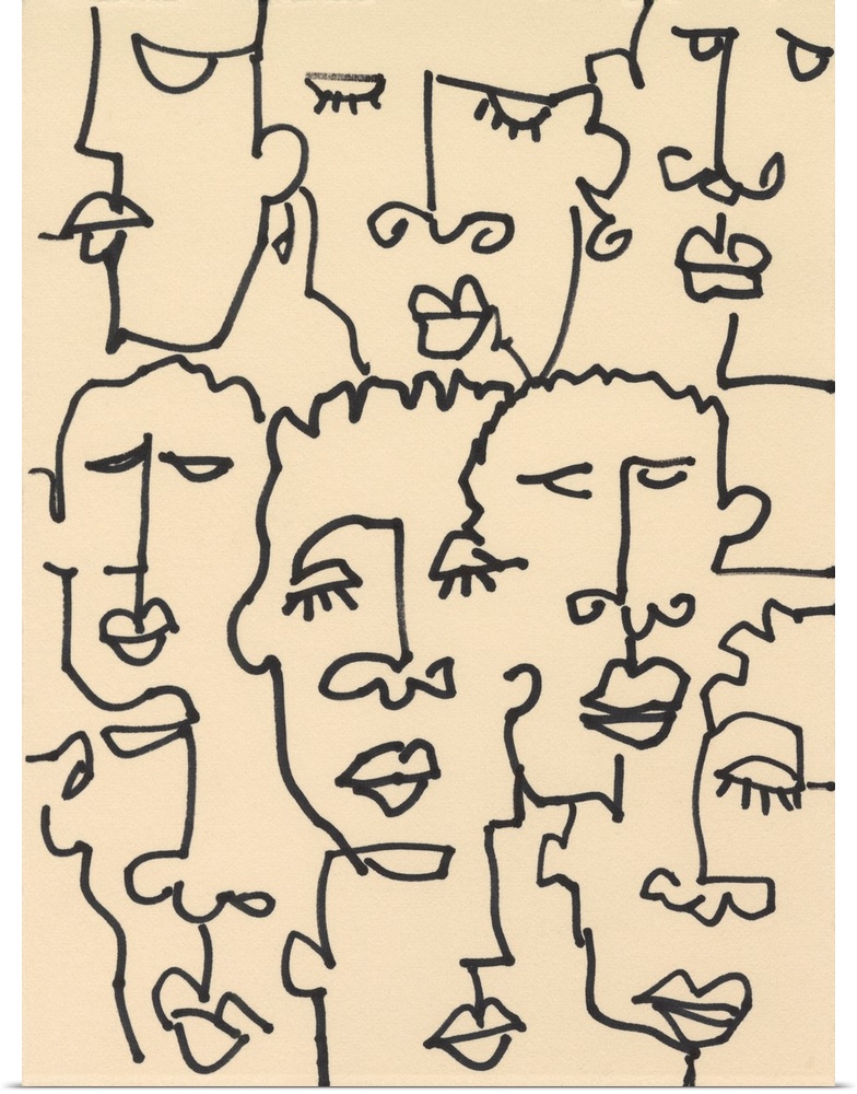 Contemporary line art illustration of peoples' faces in black lines on a tan background