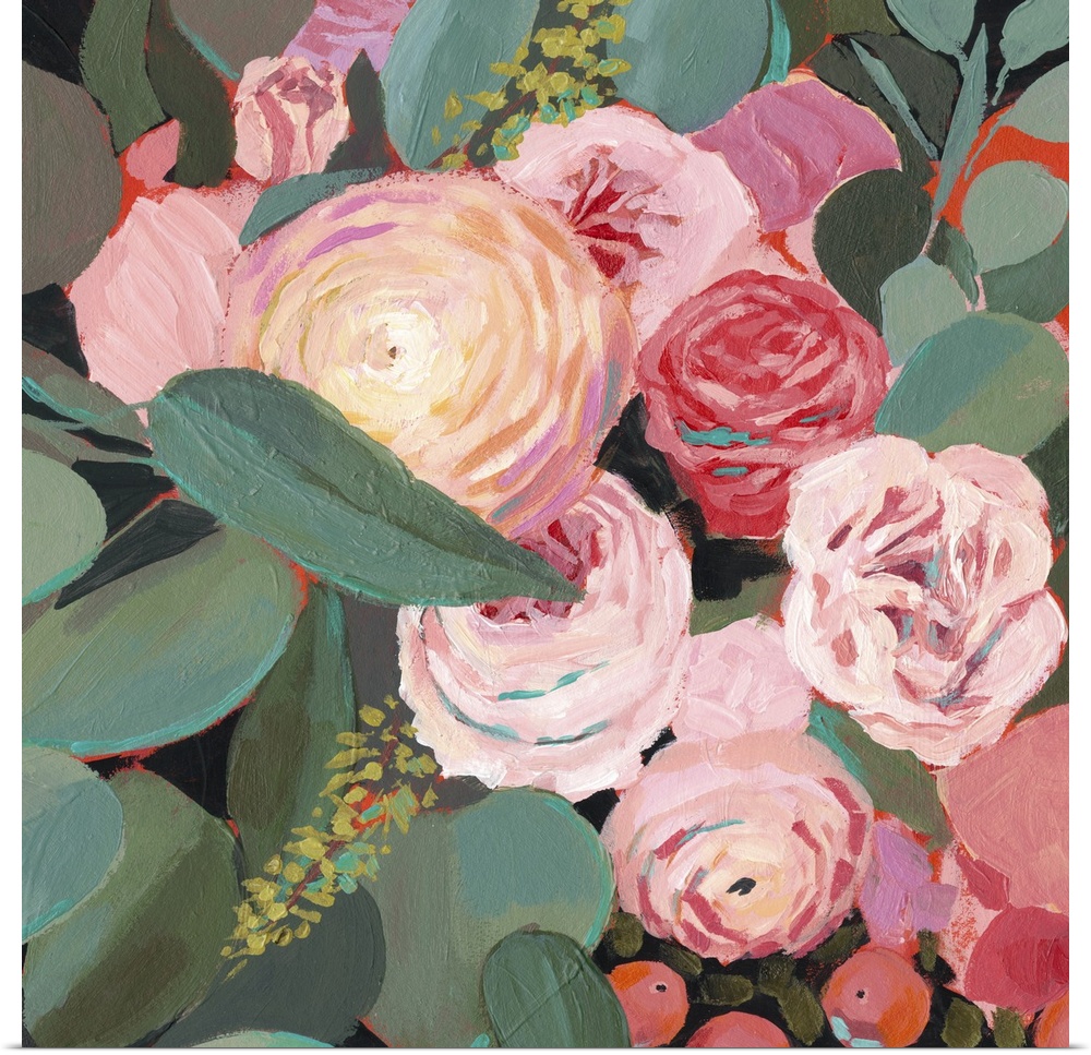 This whimsical artwork features an abundance of flowers in romantic hues of red and pink that drape over the greenery.