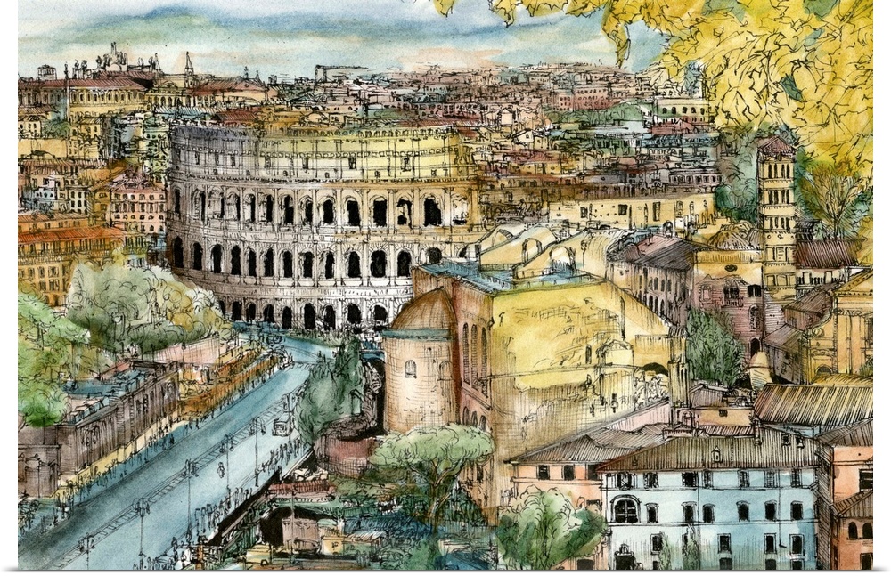 Contemporary sketch with filled in color of a Rome, Italy cityscape with the Colosseum prominently in the middle.
