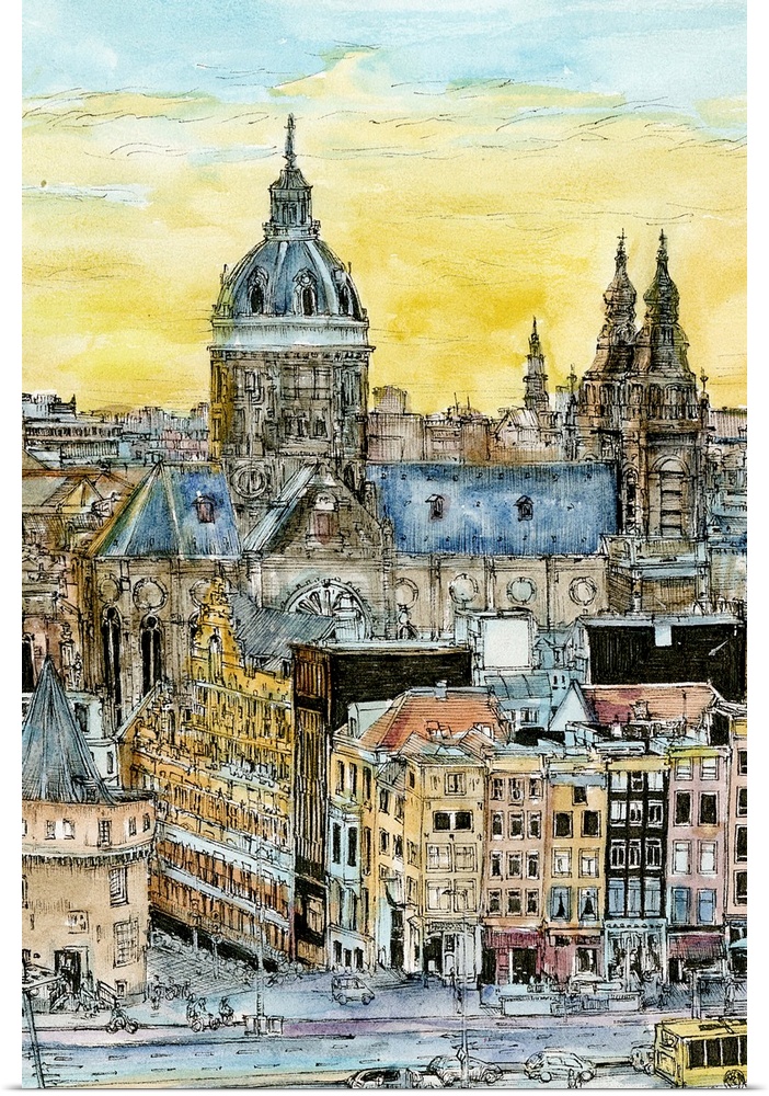 Sketch filled in with color of a European cityscape at sunset.