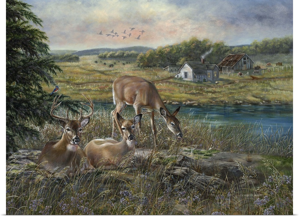 Contemporary painting of deer grazing in a clearing beside a river.