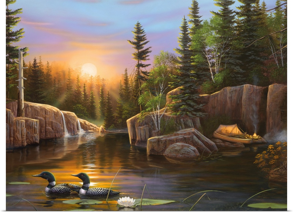 Large, landscape artwork of the sun setting over a calm body of water where tow ducks swim in the foreground.  The water i...