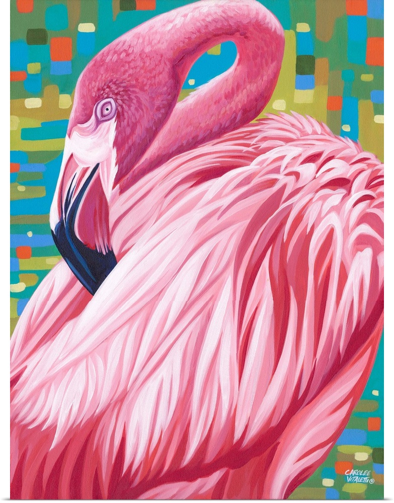 Contemporary painting of a tropical pink flamingo.