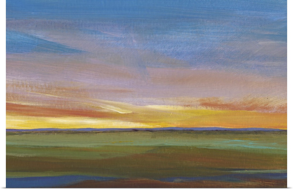 Contemporary painting of a landscape at sunset, with colorful clouds.