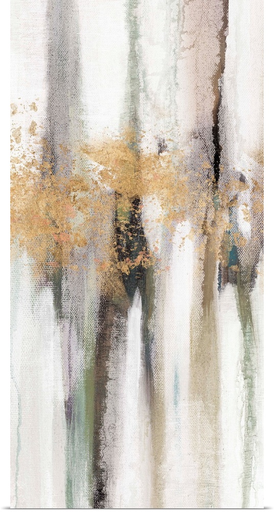 Contemporary abstract painting using tones of pale gray and gold splashes of color.