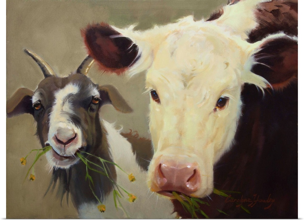 Contemporary artwork of two unexpected farm animals relaxing together.