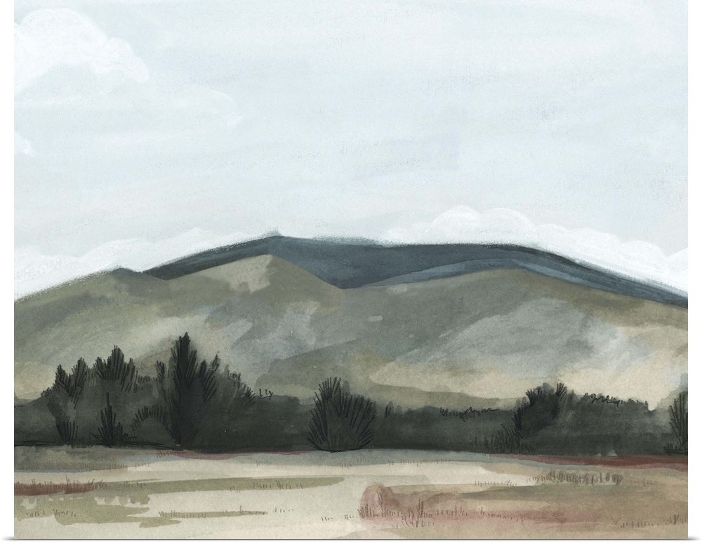 Contemporary painting of a country field with mountains in the background, all in a dull appearance.