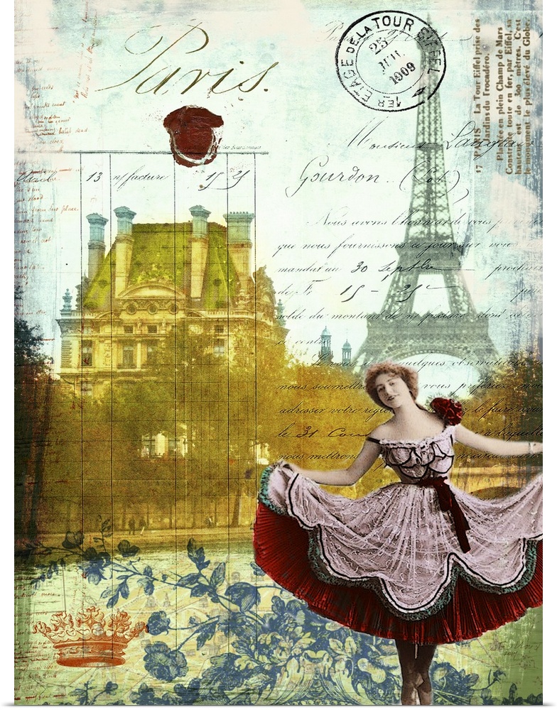 Travel collage of Paris featuring a french ballet dancer decorated with french text.