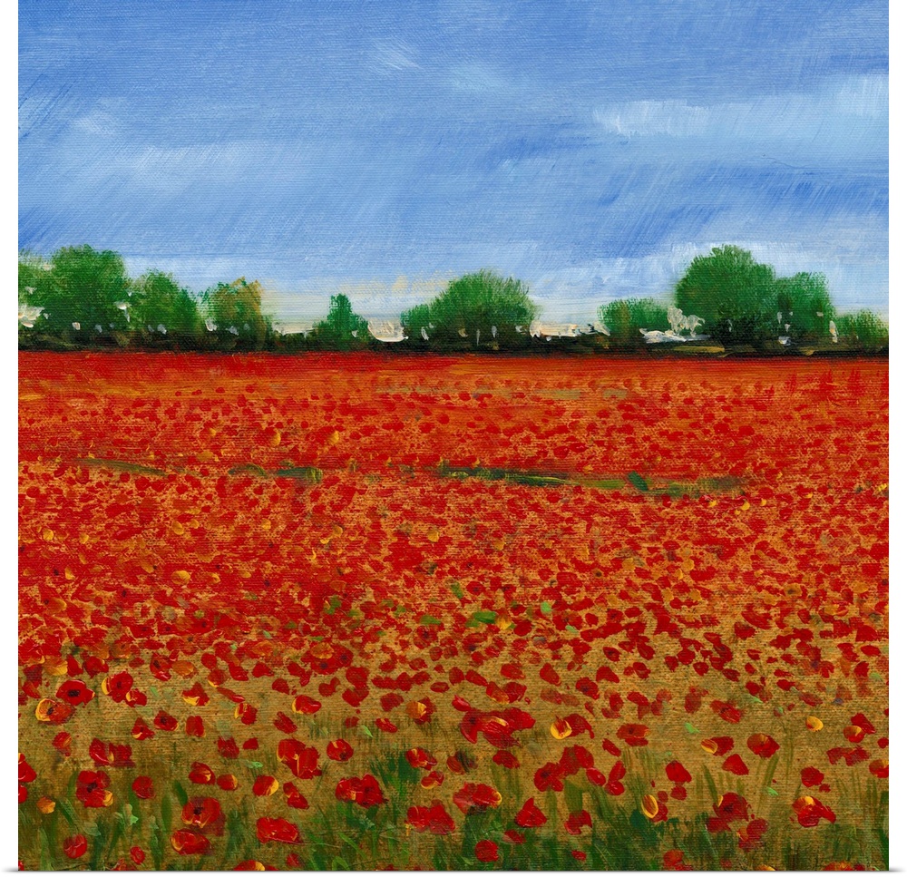 Contemporary painting of a field of red poppies under a blue sky.