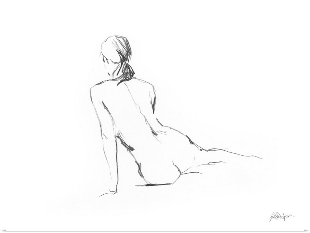 Simple sketch of a nude female figure, seen from the back.