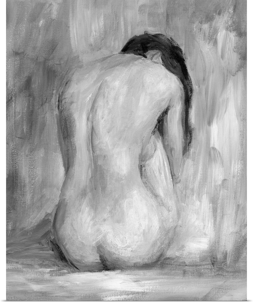 Portrait, large figurative painting of the back of a nude woman sitting on the floor, her head hanging down.  Painted in h...