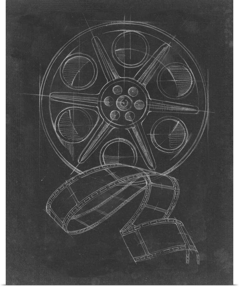 Contemporary blueprint style artwork of camera film.