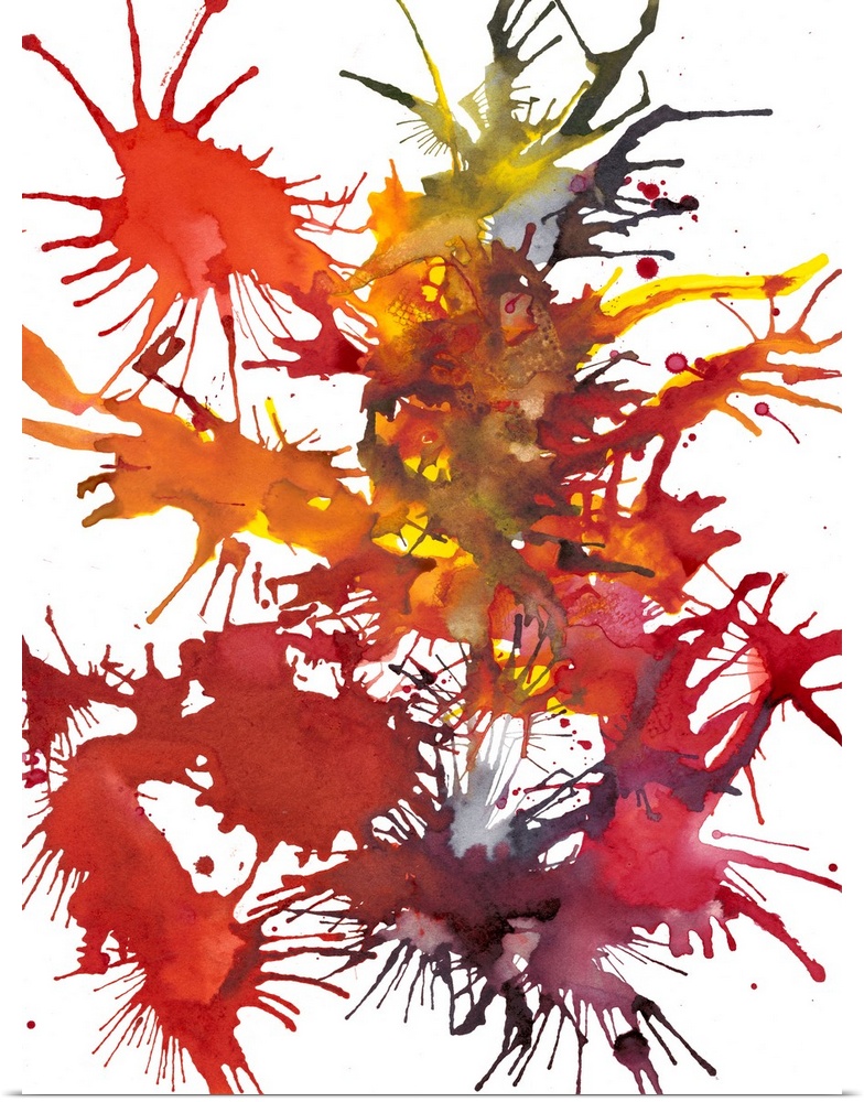 Abstract painting of splattered paint in deep red and orange, resembling fireworks.