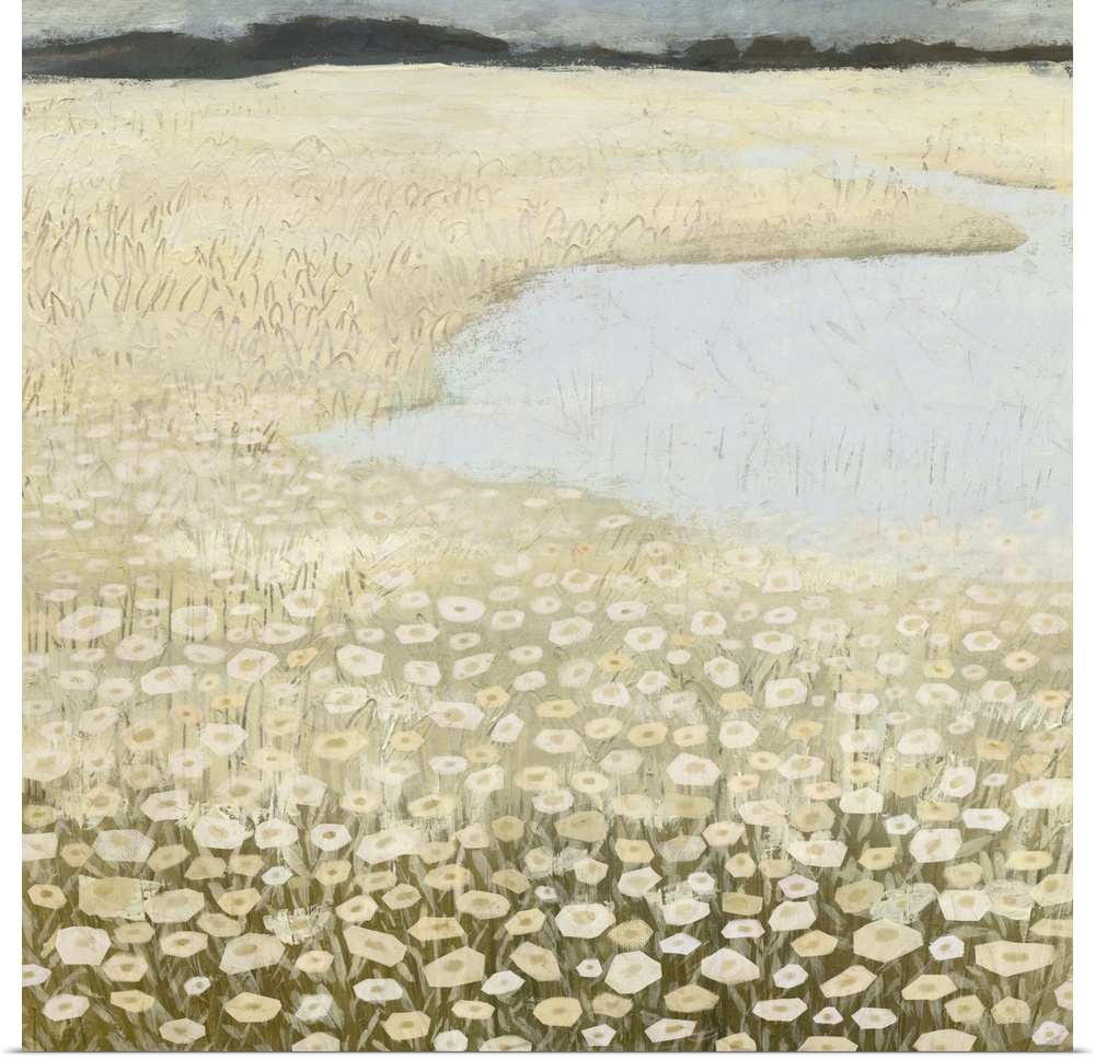 Square contemporary painting of a field of flower surround a lake, all in muted tones.