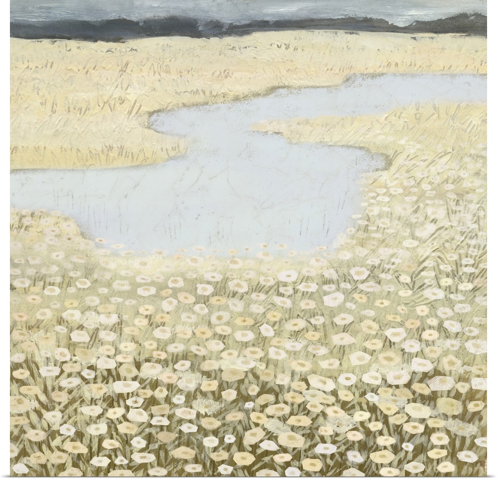 Square contemporary painting of a field of flower surround a lake, all in muted tones.