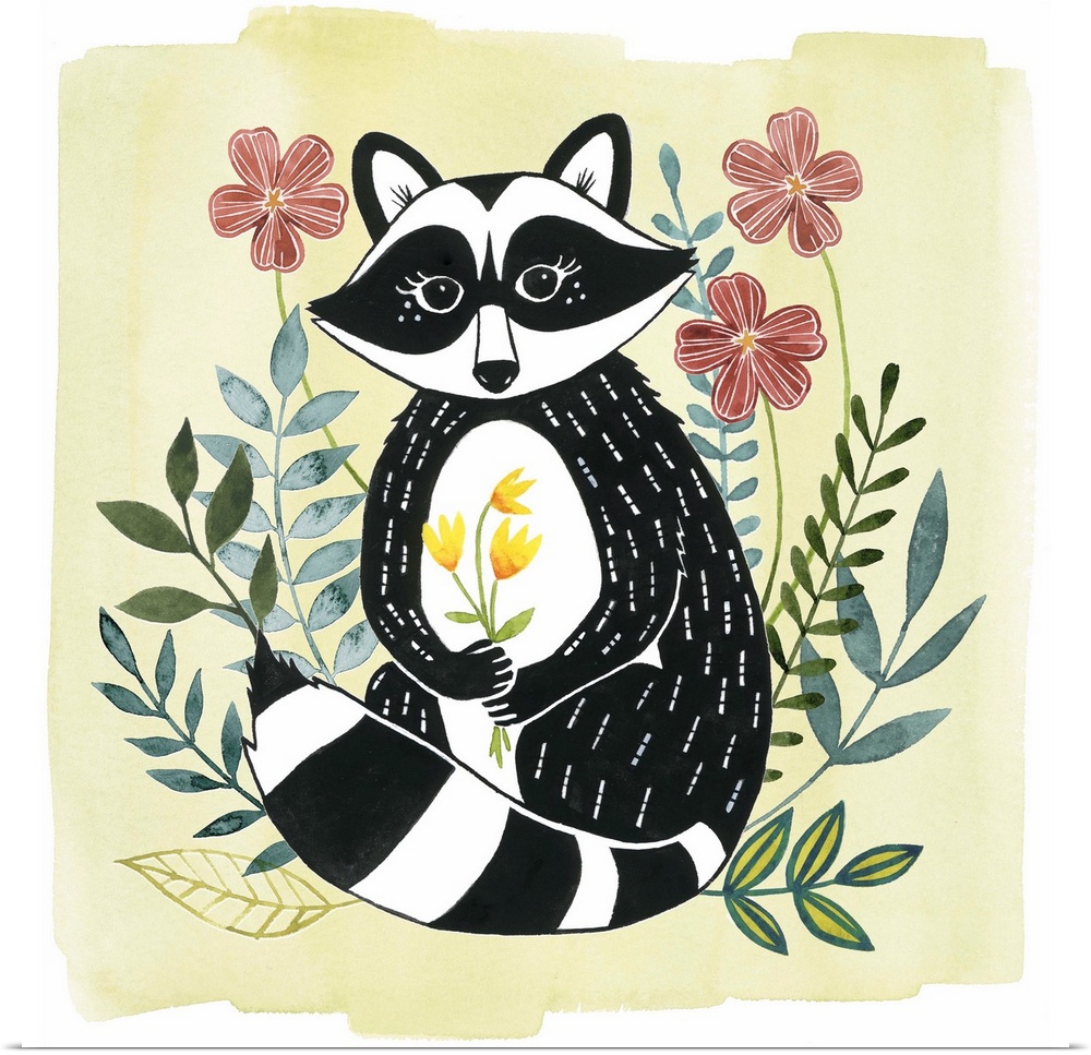 A square decorative design of a black and white raccoon surrounded by flowers on a pale yellow background.