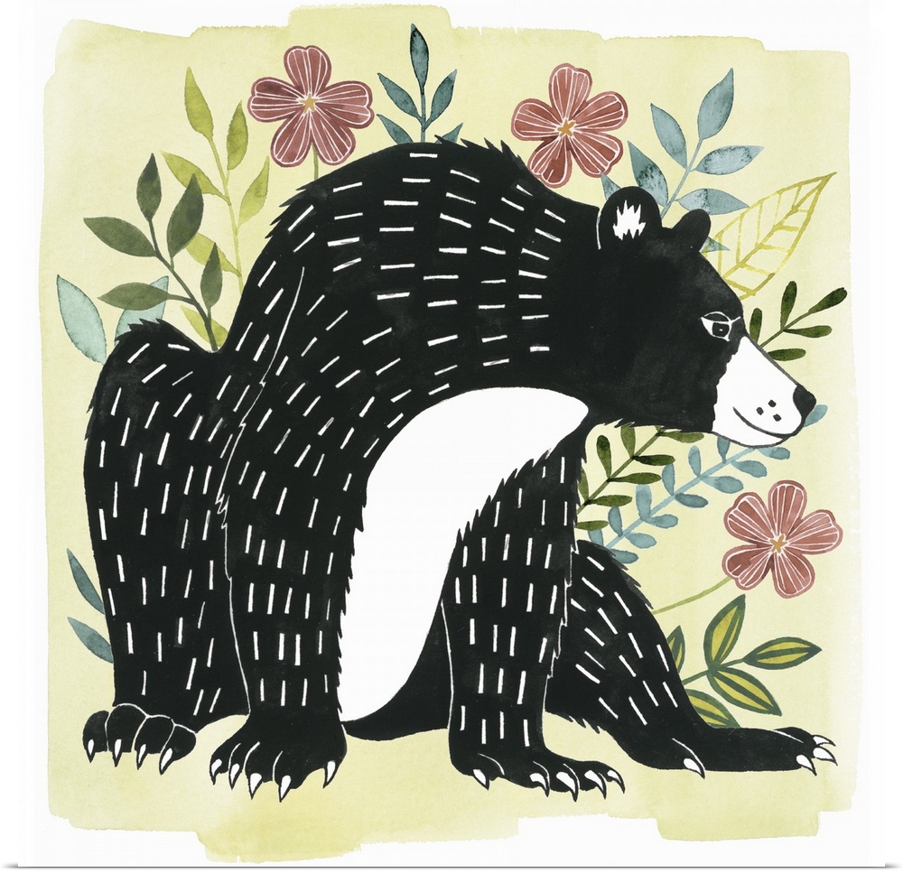 A square decorative design of a black and white bear surrounded by flowers on a pale yellow background.