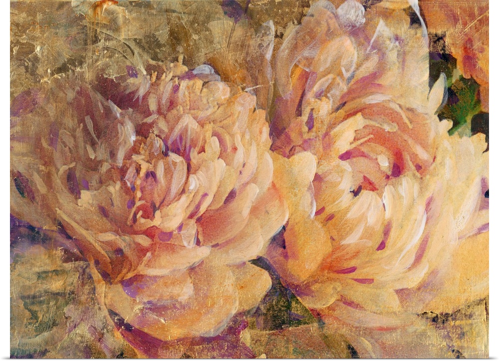 Contemporary artwork of of flowers in bloom, in vintage shades of pink and yellow.