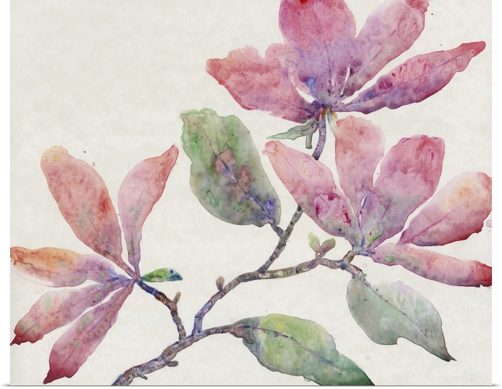 Stylish watercolor painting of a floral filled branch of blended tones of red, purple, orange and green.