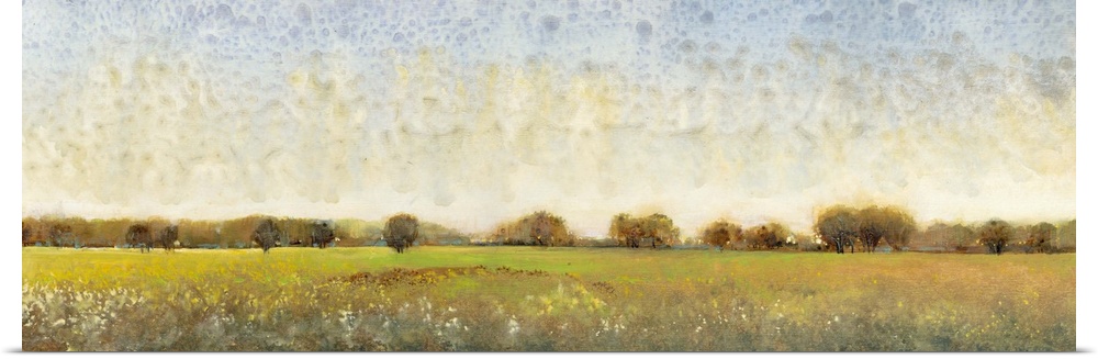 Contemporary painting of a meadow with trees in the distance.