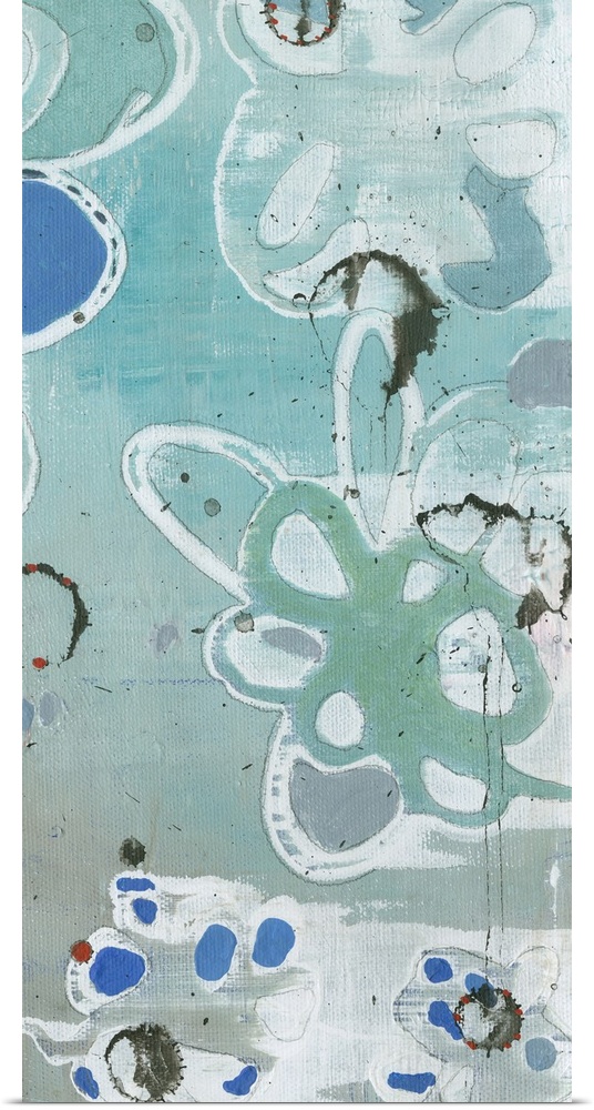 Contemporary abstract painting in blue teal tones of organic floral shapes.