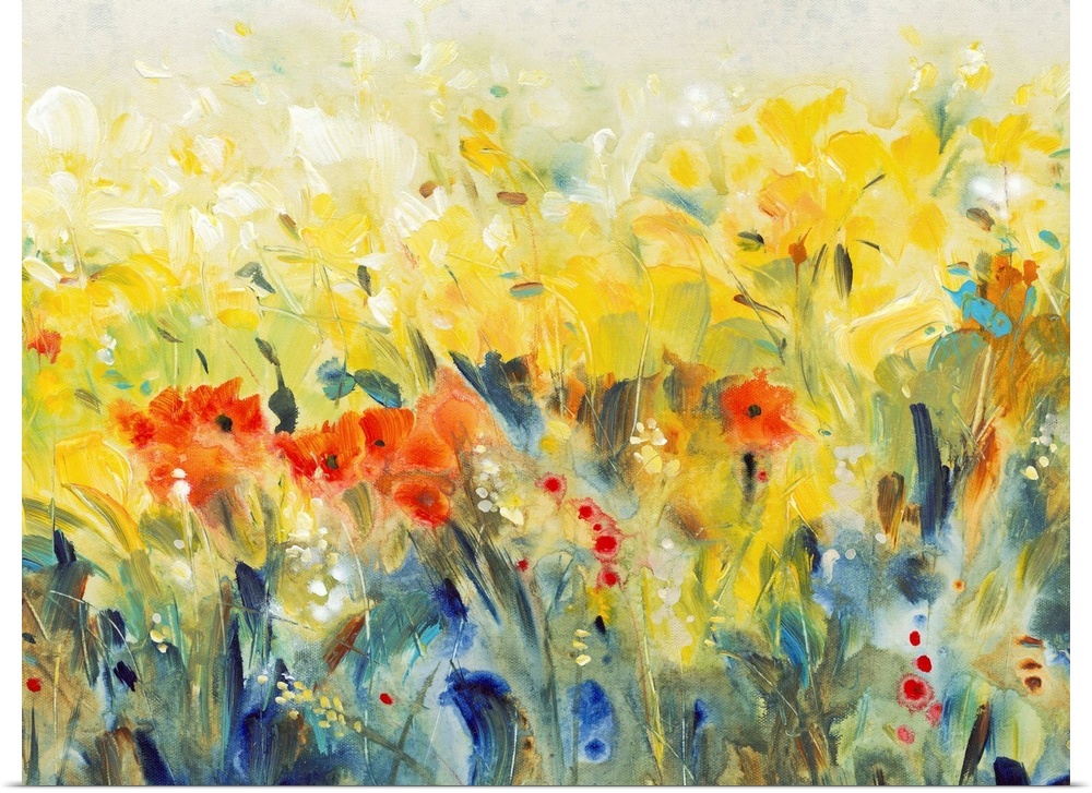 Contemporary painting of a field of a wildflowers in golden yellow and deep red.