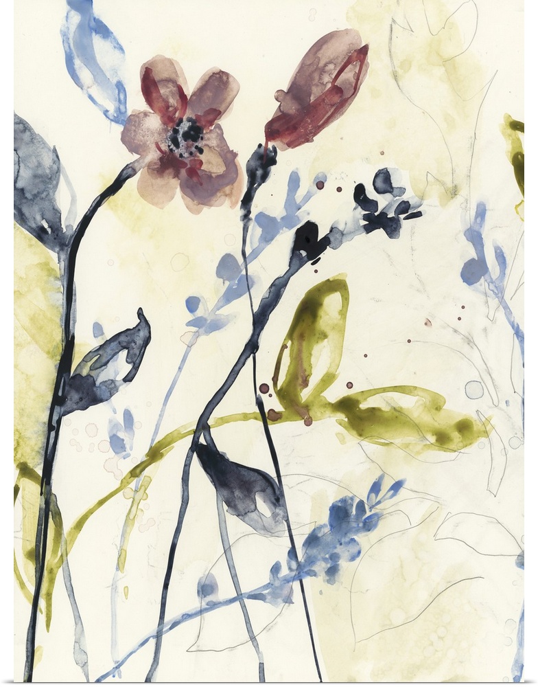 Watercolor painting of wildflowers against a pale background.