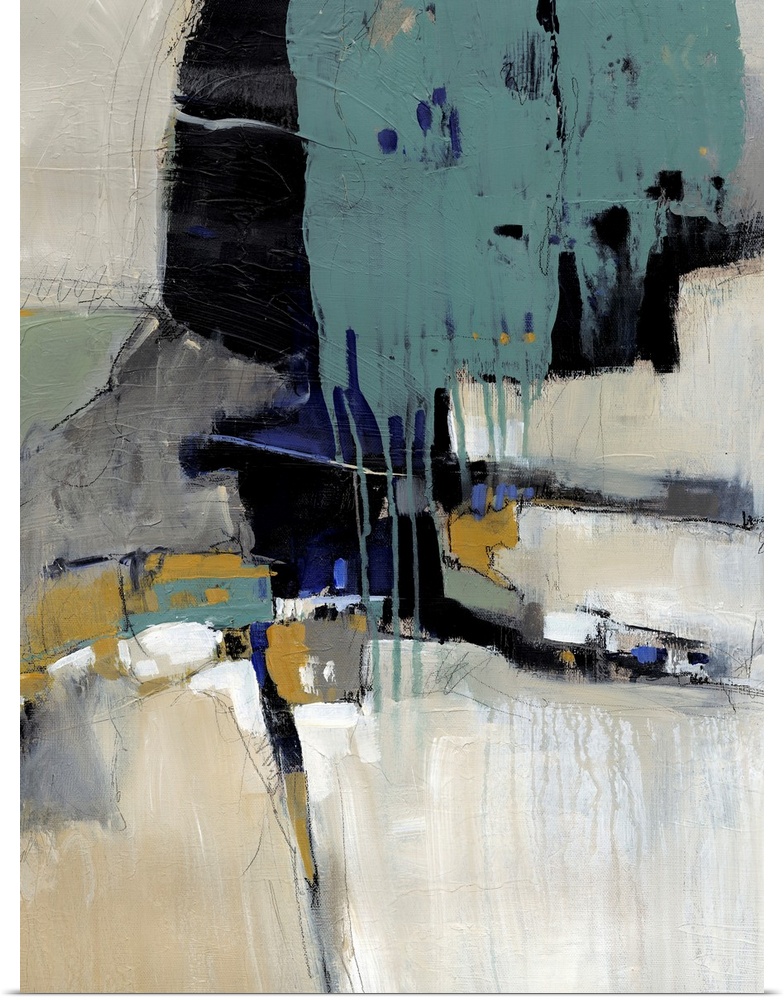 Contemporary artwork with layers of dripping paint and overlapping abstract shapes.