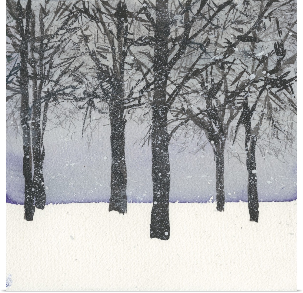 A grove of trees in the snow with a pale blue sky.
