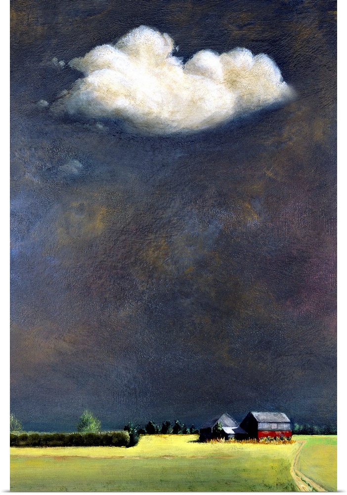 Painting of a farm surround by a field with a large open sky and a single white cloud.