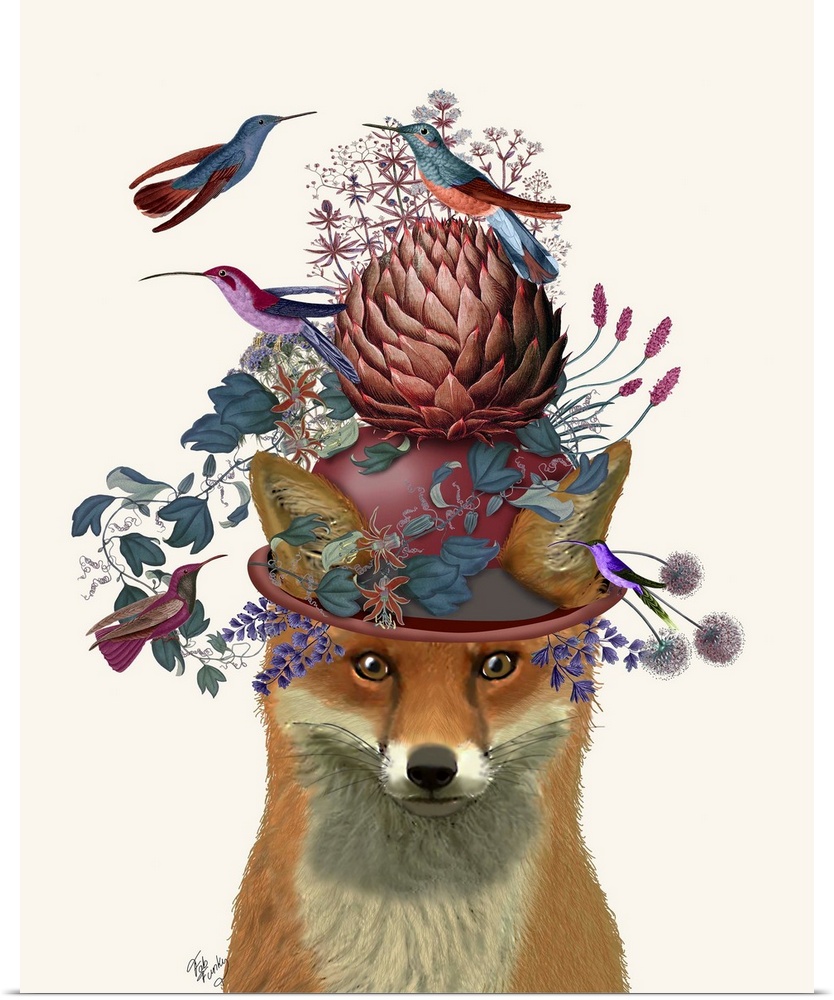 Digital illustration of a fox wearing a hat covered with flowers on an artichoke surrounded by birds.