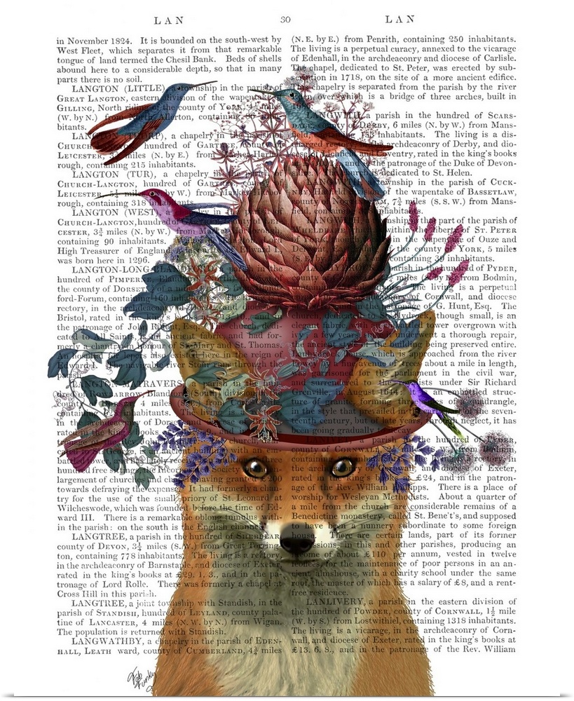 Digital illustration of a fox wearing a hat covered with flowers on a artichoke surrounded by birds on a book page.