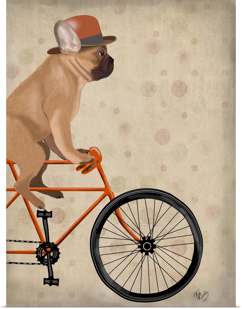 Decorative artwork of a French Bulldog riding on an orange bicycle and wearing an orange top hat.