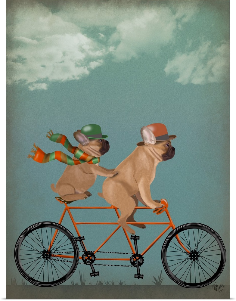 Decorative artwork of two French Bulldogs riding on an orange tandem bicycle and wearing matching accessories.
