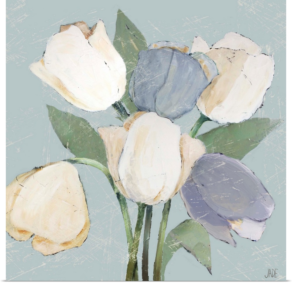 Square painting of white and light purple French tulips on a pale blue background.