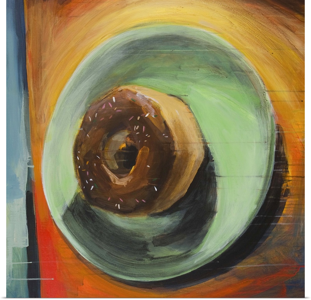 Contemporary painting of a chocolate frosted donut on a green plate.