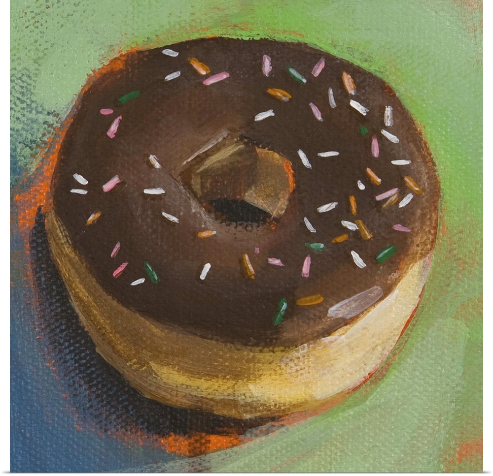 Contemporary painting of a chocolate frosted donut on a green plate.