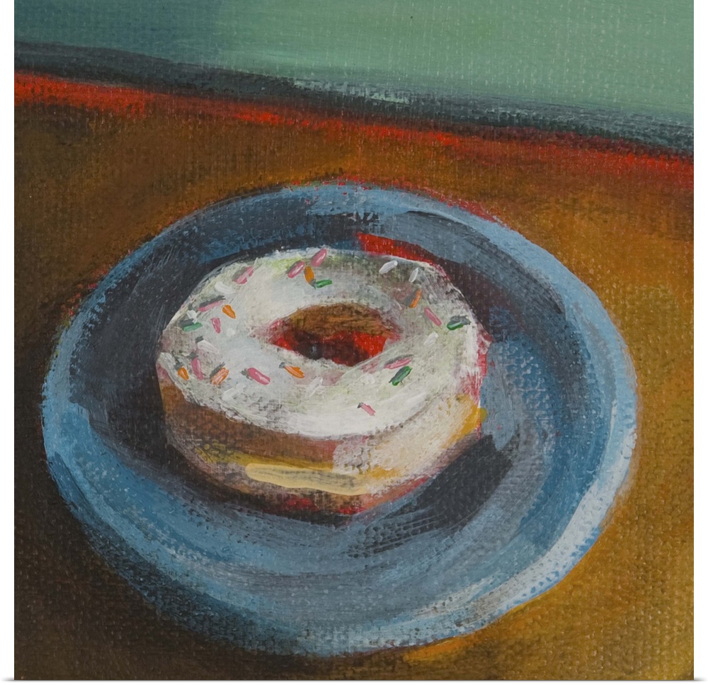 Contemporary painting of a vanilla frosted donut on a blue plate.
