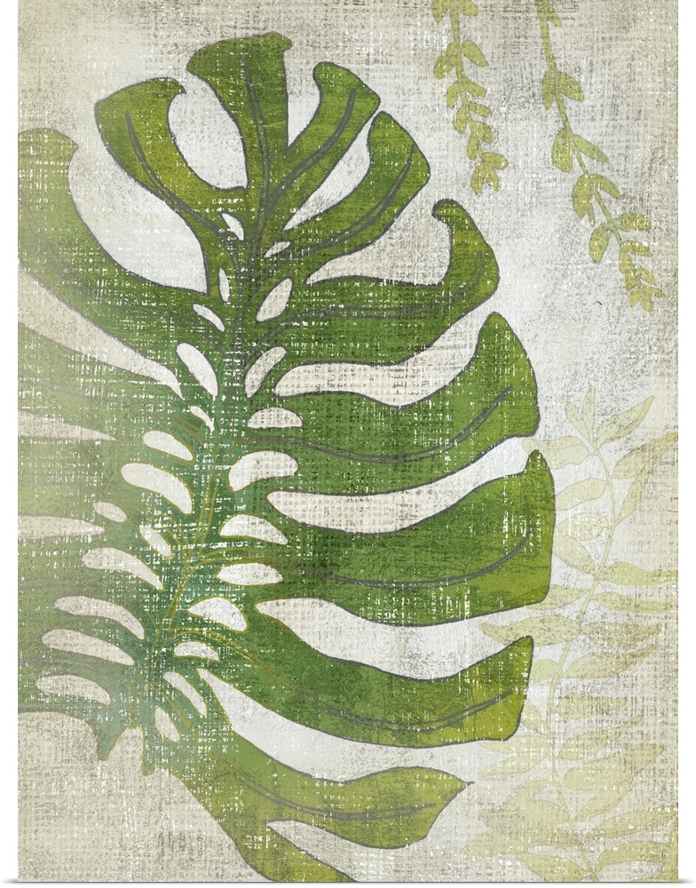 Vertical decor with an illustrated palm leaf on a textured neutral colored background.