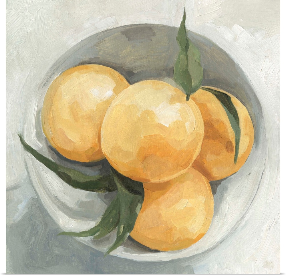 A square contemporary painting of a gray bowl full of lemons.