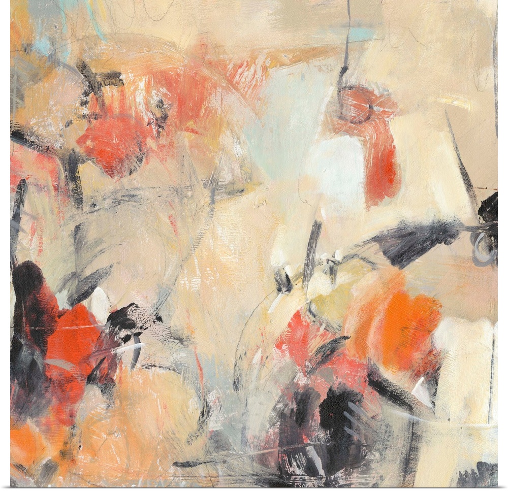 Contemporary abstract painting in various colors like muted orange and bright orange-red.