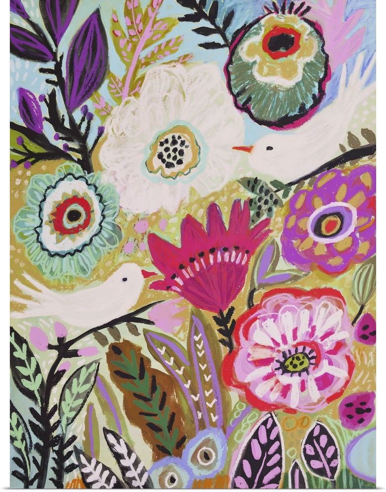A colorful contemporary painting of a white bird in a flower garden.