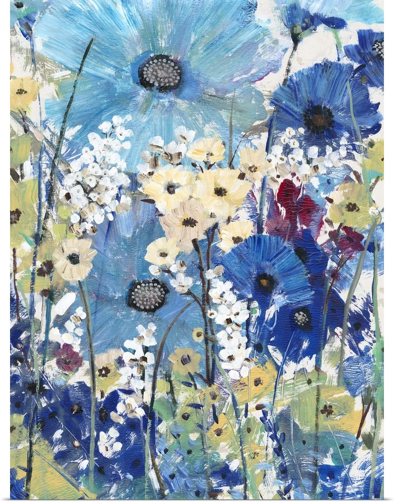 Artistic painting of a garden of wild flowers in shades of blue, yellow and purple.