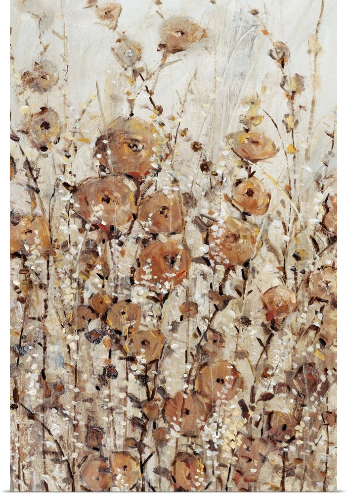 Contemporary painting of abstracted wildflowers in various brown hues.