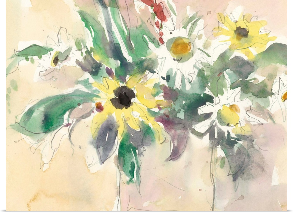 A volatile watercolor painting of a bouquet of garden flowers against a yellow scenery.