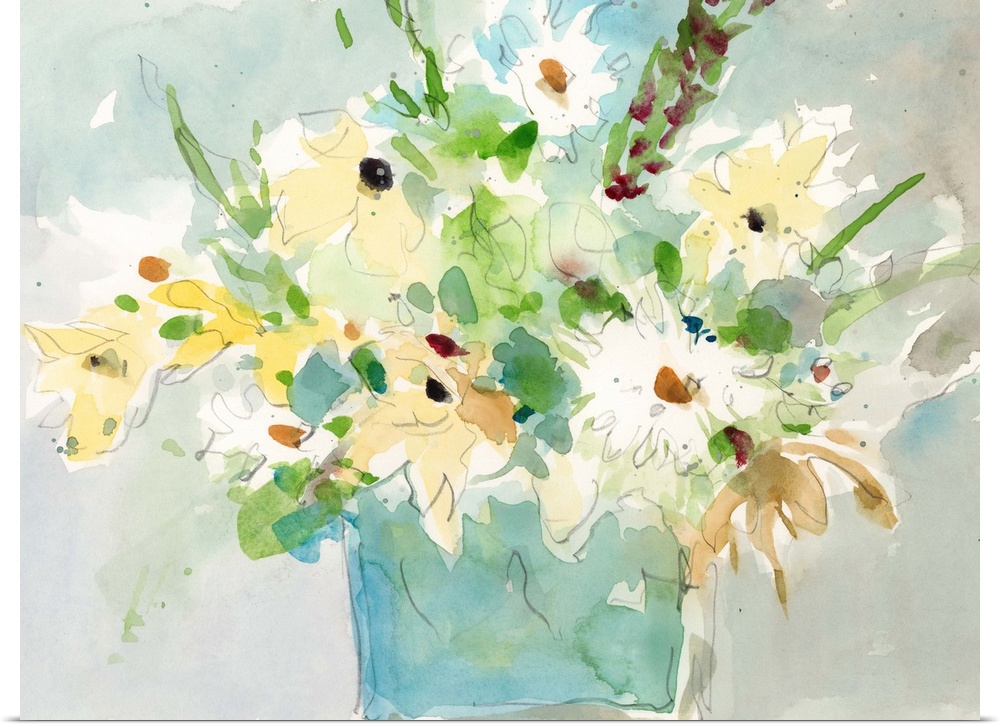 A volatile watercolor painting of a bouquet of garden flowers against a blue/gray scenery.