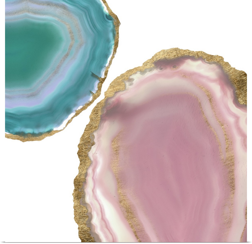 Decorative square art with teal and pink agate that has a metallic gold outline, on a white background.