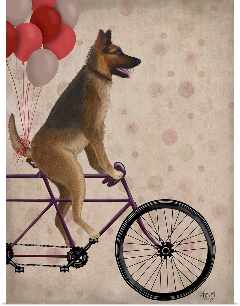 Decorative artwork of a German Shepherd riding on a purple bicycle with pink, red, and white balloons attached to the back.